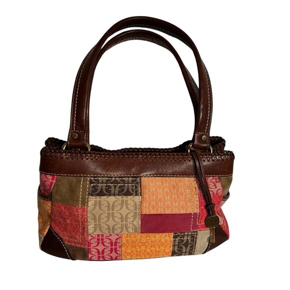 Fossil Patchwork Multicolored Purse With Zipper, Side Pockets. Brown Trim/straps - Picture 8 of 12